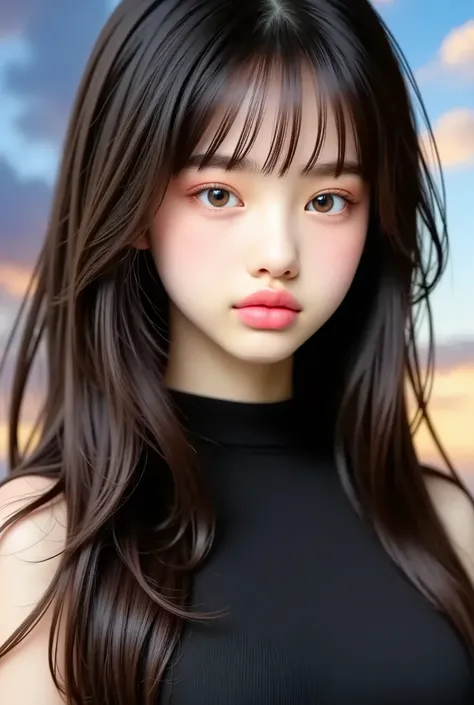 Highest Quality , work , ( realistic: 1 , 2) , 1 girl , Tee Hair , brown eyes , front in the sky , Detailed Color , beautiful eyes
