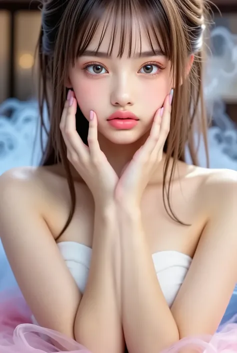 8k , masterpiece , Highest Quality , close-up , Slightly lower angle . young woman , bright skin , blonde hair , up hair . Pale Pink shirt , white top . soft , Dramatic Makeup  . Graceful Poses , hands close to face . pastel smoke , Orange on the back , Pi...