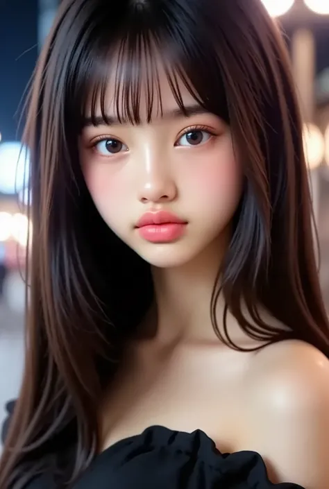 (Highest Quality , masterpiece:1 . 3 , ultra high definition) , (Super Detailed , caustics) , (realistic:1 . 4 , RAW shooting) , 1 girl , flat bang、smiles at the camera、Night View of Tokyo、Illuminations、Blurry Background
