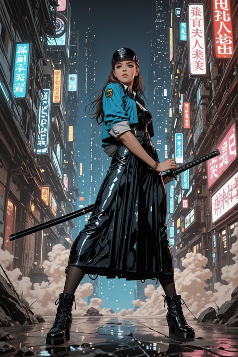 iaidou,weapon, katana, holding sword, ready to draw, sheathed, unsheathing, scabbard,pksinozick,m0eb0s,flat color, (masterpiece, best quality), european comic art style, bande dessinée style, cyberpunk futuristic city at night, neon lights reflecting on we...