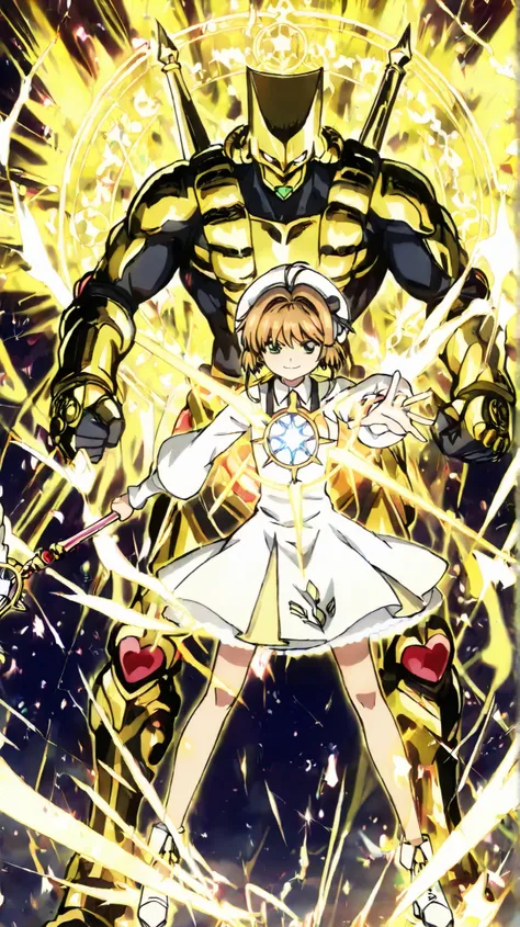 masterpiece, best quality, highly detailed illustration, epic, dramatic lighting,
Cardcaptor Sakura with her golden Stand, 'The World', manifested behind her.
Sakura and The World are perfectly synchronized in an iconic and intimidating DIO-like pose.
Saku...