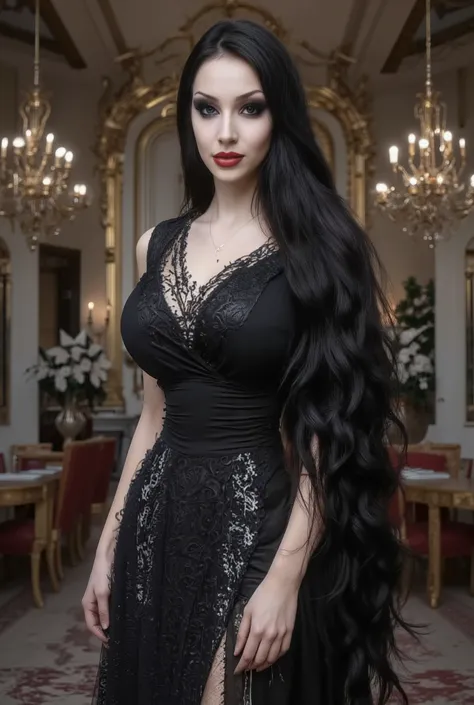 Masterpiece, best quality, glossy bold red lips, huge big bosoms, bimbolips, face:1,9, black makeup heavy eyelashes, black smoky eyeshadow, extremely Beautiful, poised, pale Russian bride stands in a lavish room, her striking features accentuated by bold r...