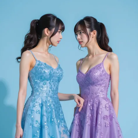 (highest resolution), (Ultra-clear focus、photorealistic:1.5), ((RAW photo of two top Japanese idols fighting:1.15)), (The two look at each other and are angry:1.8), BREAK, ((The two goddesses each have lace dresses)), (The two goddesses each have light blu...