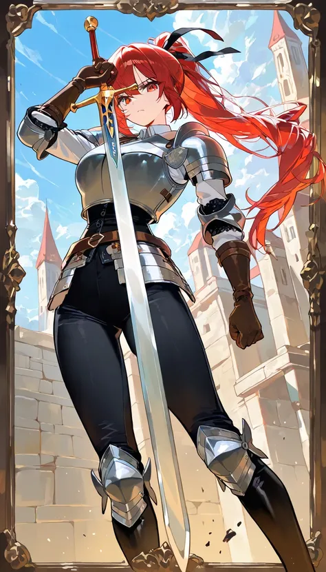 (beautiful girl : 1.3),1 girl,(ARW),(白いdress shirt, black leather gloves,black pants,Silver Plate Armor,black ribbon),Red hair,Ponytail,serious expression,Hold a large sword that glows red,Sword attack,medieval cityscape,Blue Sky,cloud,dynamic angle,masterpiece,Highest Quality,rich contrast,high image quality,8k,High Definition CG Unit Wallpaper,texture,unbelievably absurd,RAW pictures,Deep Border 1 .2,very detailed