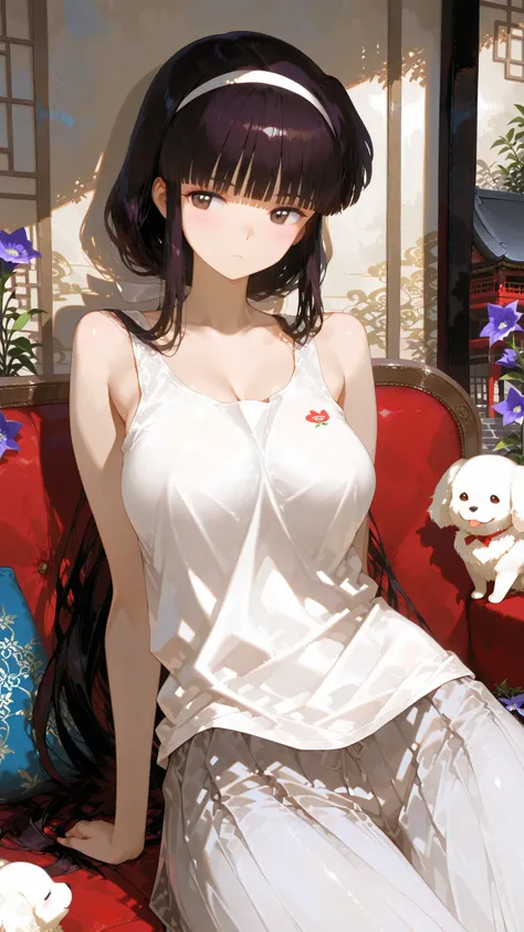 very long hair,  blunt bangs , temple, Ji Qie,,Hairband, long hair,  blunt bangs , temple, Low Ponytail,, bellflower dog, brunette, Brown eyes,,Outstanding Works,Slightly realistic, Excellent quality, light and shadow, 超high resolution, high resolution,ani...