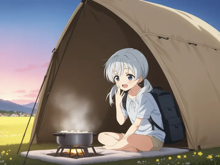 Anime-style cinematic illustration, 16:9 wide ratio.
A warm morning scene on a mountain summit.
Two elementary school girls are waking up at dawn next to their small beige tent.
One has short silver hair and blue eyes, yawning sleepily as she steps out of ...
