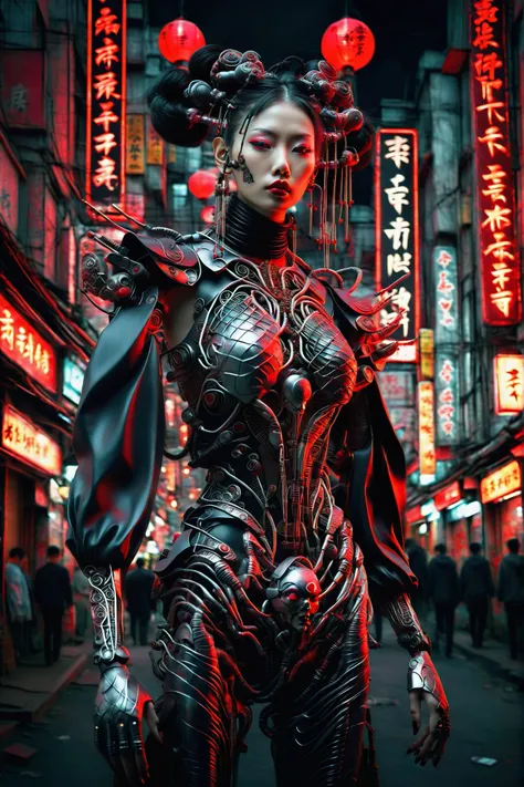 (full body shot:1.2), hero view,
inematic photo choker, realistic, 1girl, a mysterious japnanese cyborg woman, dark gothic science fiction city filled with gothic buildings, neon signs, glowing lanterns, black leather japanese clothes, hair sticks, lipsti...