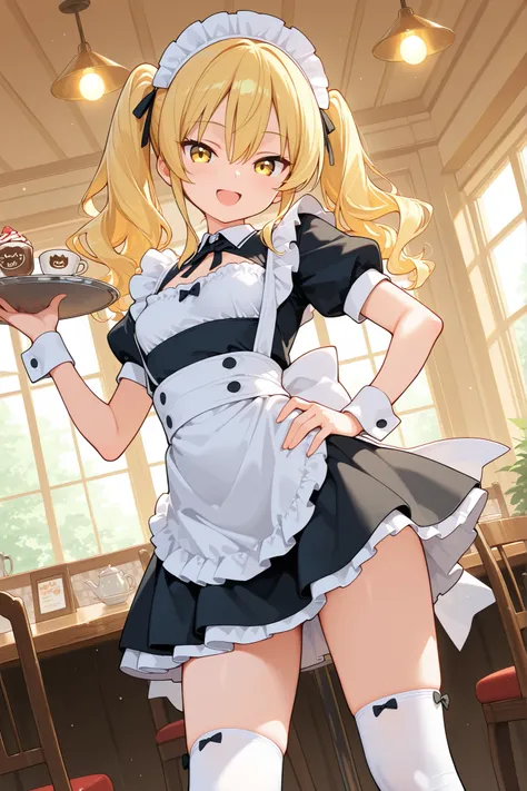 NSFW, 1girl, solo, character focus, dutch angle, dynamic angle, star, (((midday))), (((maid cafe))), contrapposto, point at viewer, hand on hip, maid, white socks, over-kneehighs, doyagao, happy smile, open mouth, blonde hair, yellow eyes, twintails, wavy ...