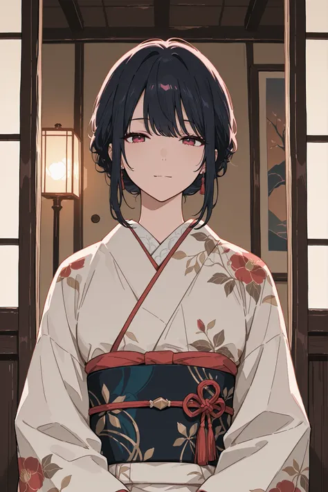 ((best quality)), ((masterpiece)), (detailed), A highly detailed, An elegant woman wearing a traditional kimono, with a calm and composed atmosphere. She has glossy black hair, styled neatly, and gives a subtle sidelong glance with a graceful expression. T...
