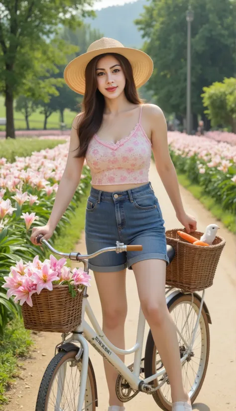 Potrait of a beautiful plump muscle korean housewife posing on a bicycle in a sunny, pastoral setting. She is the central figure, with a radiant smile and a friendly demeanor.
She has long, wavy brown hair and is wearing a large straw hat adorned with pink...