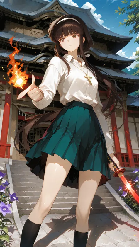 very long hair,  blunt bangs , temple, Ji Qie,,Hairband, long hair,  blunt bangs , temple, Low Ponytail,, bellflower dog, brunette, Brown eyes,,Outstanding Works,Slightly realistic, Excellent quality, light and shadow, 超high resolution, high resolution,ani...