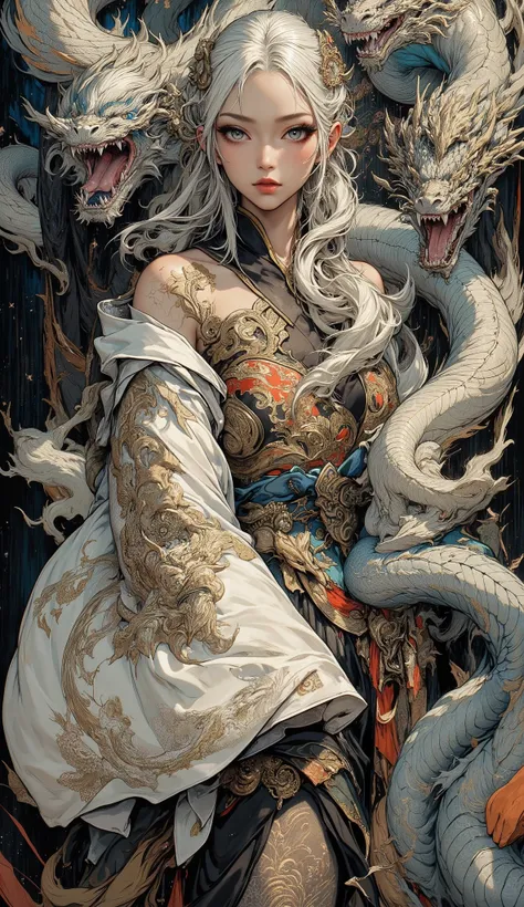 2 female gods, (One is the incarnation of the tiger god and the other is the incarnation of the dragon god). A painting depicting the conflict between two gods, old Japan, Sengoku period, The Tiger Goddess is roaring at the Dragon Goddess in the heavens, T...