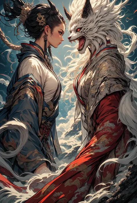 (2 female gods), ((One is the incarnation of the tiger god, the other is the incarnation of the dragon god)). A painting depicting the conflict between two gods, old Japan, Sengoku period, The Tiger Goddess is roaring at the Dragon Goddess in the heavens, ...