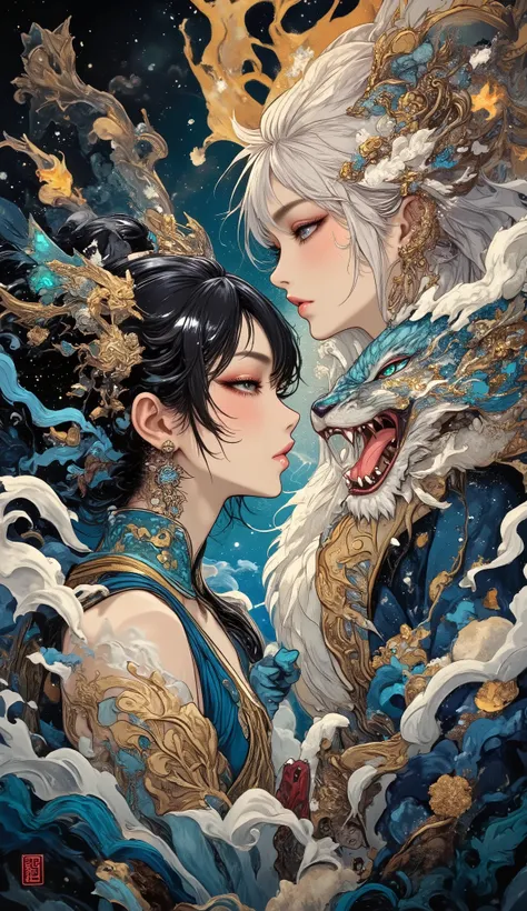((Two goodnesses, One is the incarnation of the tiger goddess , the other is the incarnation of the dragon goddess)), The Tiger Goddess is roaring at the Dragon Goddess in the heavens, The Dragon Goddess is roaring at the Tiger Goddess on earth, (A paintin...