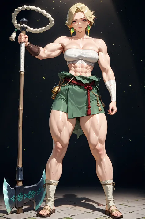 masterpiece, best quality, amazing quality, very aesthetic, high resolution, newest, hyper-detailed, solo, female character, mature woman,MILF ,muscular female figure, ( medium breasts) short hair, blonde hair, wearing Sarashi(white bands) on chest and arm...