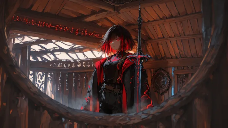 A figure stands in a richly adorned wooden room, surrounded by an atmosphere that blends fantasy and mystery. The character wears a stylish ensemble dominated by dark colors with red highlights, featuring a fitted jacket and pants with intricate detailing....