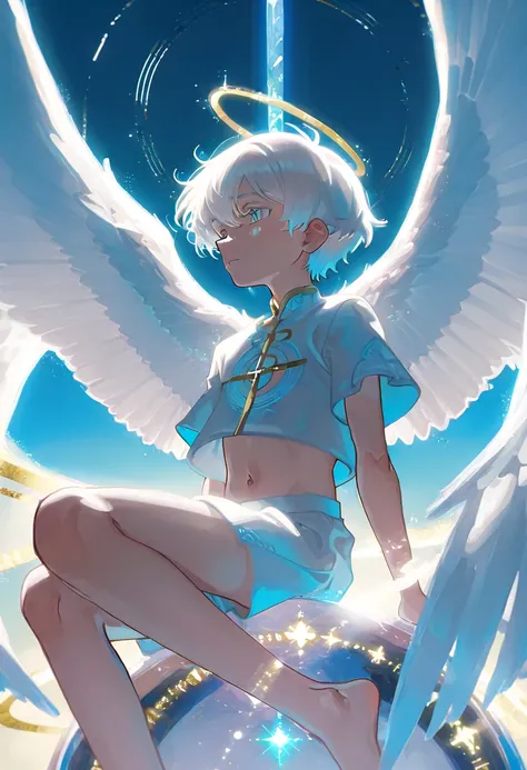 ((elementary boy)), ((shota)), angel, sitting gracefully within a majestic celestial temple high above the vast sky, fluffy white wings folded softly behind him, (white hair) , (blue eyes), large expreesive eyes, gazing forward with a serious and calm expr...