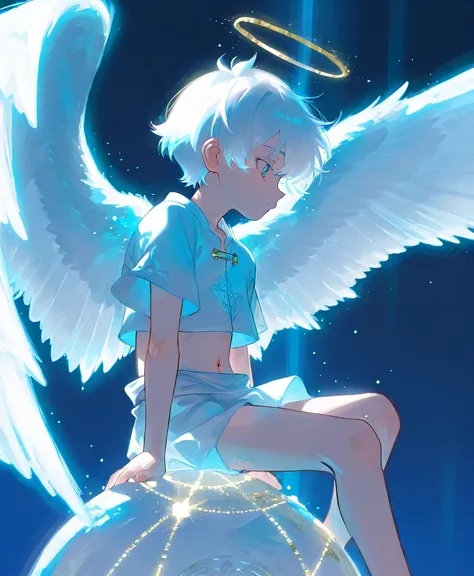 ((elementary boy)), ((shota)), angel, sitting gracefully within a majestic celestial temple high above the vast sky, fluffy white wings folded softly behind him, (white hair) , (blue eyes) gazing forward with a serious and calm expression, a golden halo fl...