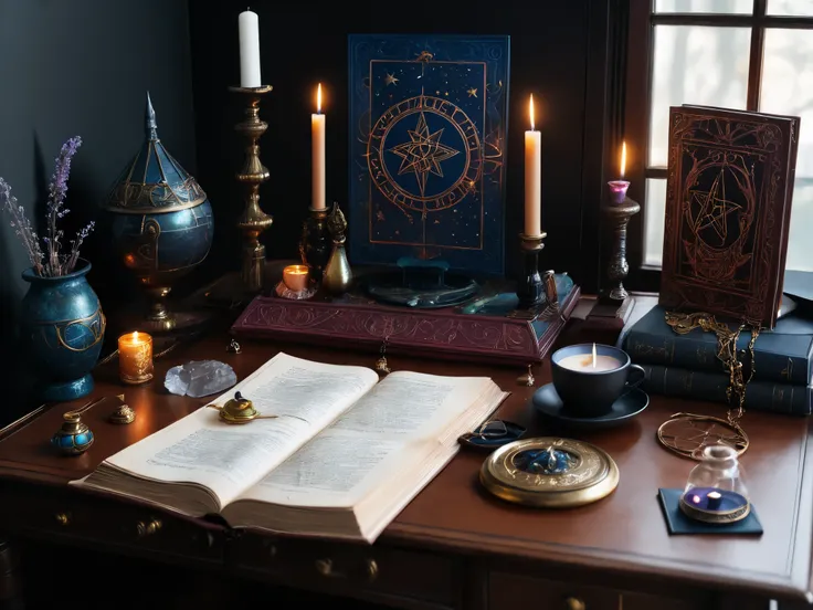 Mysticism, expensive magic items, modern witch desk, ultra details, 8k, Photo