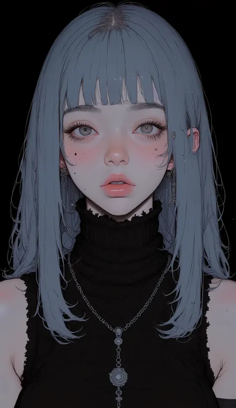 huge, Keen Eyes with Strong Will,long hair、Bluish Black Hair、Matching Bangs, Shaggy Black Sleeveless Turtleneck、 knit , no accessories, gray eyes、front closeup , Areola Textures、Thick lower lip , smooth skin, The black background creates a sharp contrast w...