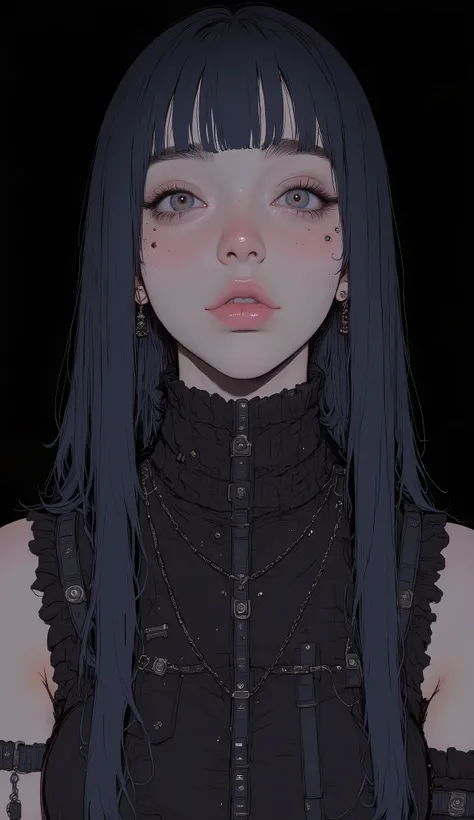 huge, Keen Eyes with Strong Will,long hair、Bluish Black Hair、Matching Bangs, Shaggy Black Sleeveless Turtleneck、 knit , no accessories, gray eyes、front closeup , Areola Textures、Thick lower lip , smooth skin, The black background creates a sharp contrast w...