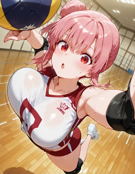 score_9, score_8_up, score_7_up, score_6_up, score_5_up, score_4_up, Highest Quality, masterpiece,
solo, 1girl,
(yui yuigahama), short hair, pink hair, red eyes, side hair bun,
<lora:volleyball-spike-from-above-illustriousxl-lora-nochekaiser:1>, vo...