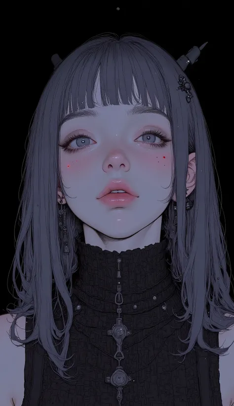 super close up sharp eye,long hair、Bluish Black Hair、Matching Bangs,、 shaggy、 Black sleeveless turtleneck、 knit , No visible accessories, gray eyes、front closeup , Areola Textures , smooth skin、Thick lower lip、glossy lips、Bewitching, The black background c...
