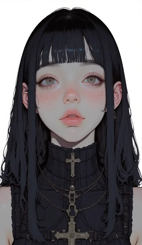 super close up sharp eye,long hair、Bluish Black Hair、Matching Bangs,、 shaggy、 Black sleeveless turtleneck、 knit , No visible accessories, gray eyes、front closeup , Areola Textures , smooth skin、Thick lower lip、glossy lips、Bewitching, The white background c...