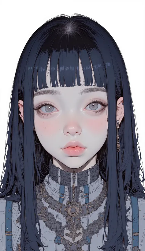 Super Close Up、round face、 Keen Eyes,long hair、Bluish Black Hair、Matching Bangs,、 shaggy、 Black sleeveless turtleneck、 knit , No visible accessories, gray eyes、front closeup , Areola Textures , smooth skin、Thick lower lip、glossy lips、Bewitching, The white ...