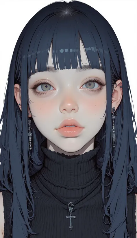 super close up sharp eye,long hair、Bluish Black Hair、Matching Bangs,、 shaggy、 Black sleeveless turtleneck、 knit , No visible accessories, gray eyes、front closeup , Areola Textures , smooth skin、Thick lower lip、glossy lips、Bewitching, The white background c...