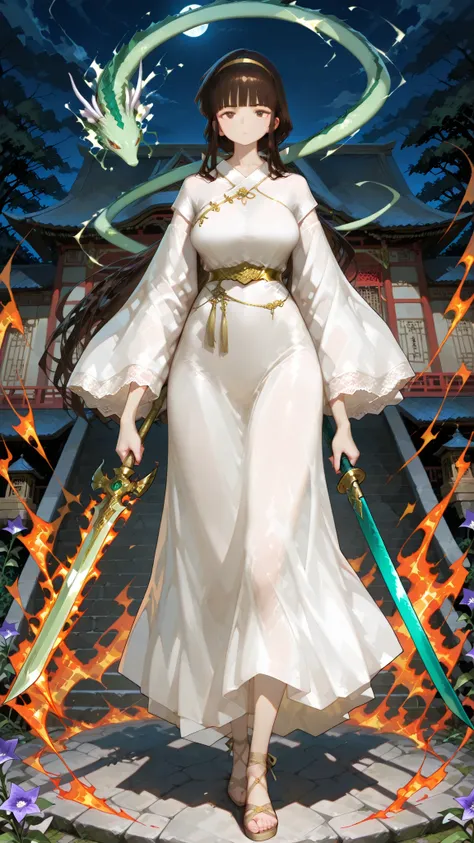 china goddess,very long hair,  blunt bangs , temple, Ji Qie,,Hairband, long hair,  blunt bangs , temple, Low Ponytail,, bellflower dog, brunette, Brown eyes,,Outstanding Works,Slightly realistic, Excellent quality, light and shadow, 超high resolution, high ...