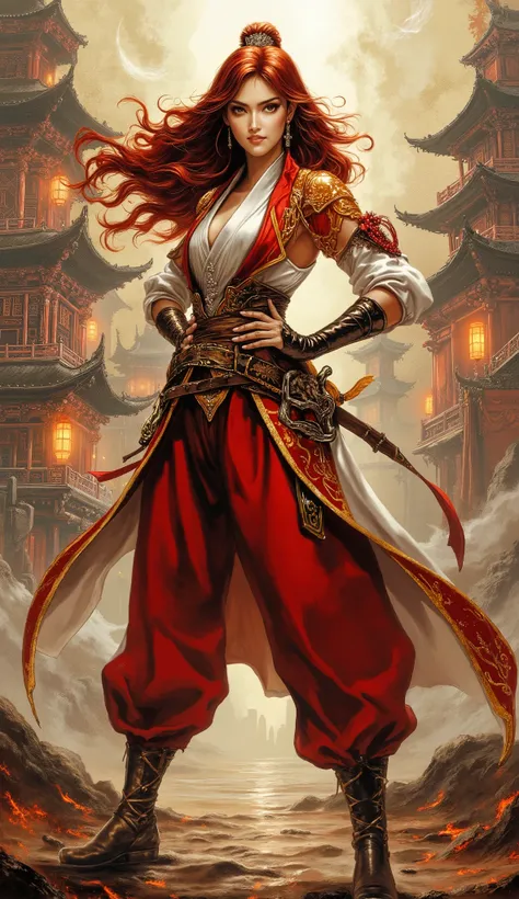 Masterpiece, 8k, best quality, hyper-detailed character illustration. A heroic female warrior of captivating Central Asian and European heritage. Sharp, piercing eyes, a subtle confident smile, delicate upturned eyebrows, exquisite facial features. Volumin...
