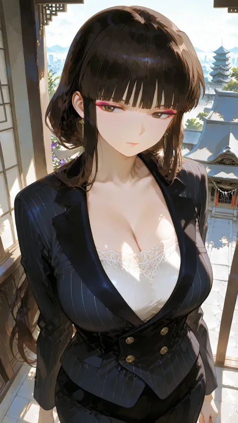 long hair,  blunt bangs , temple, Ji Qie,,Hairband, long hair,  blunt bangs , temple, Low Ponytail,, bellflower dog, brunette, Brown eyes,,Outstanding Works,Slightly realistic, Excellent quality, light and shadow, 超high resolution, high resolution,anime st...