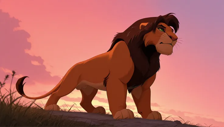 DISNEY_ANIMATION, the model is a full body male lion living in the pridelands from disney animation , best quality , amazing quality , detailed , beautiful landscape, The Lion King 1994 art movie, Pridelands background, aesthetic , dynamic lighting , green...