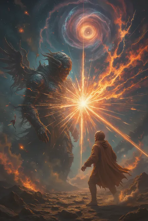 Ultra-dynamic, snapshot-in-time, cinematic masterpiece of a 'Divine Argument'. Two primordial deities, Order and Chaos, in a violent, reality-shattering clash within the Celestial Arena.
The Moment of Impact: The God of Order has just thrust forward its g...