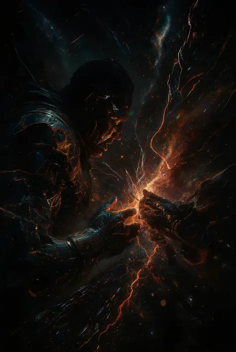 Two colossal antagonistic celestial titans fighting for world domination, destroying the chains of a collapsing black hole, a bird's-eye view frames their colossal silhouettes against the backdrop of torn space-time - nebulae torn into prismatic filaments,...