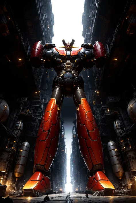 Towering over 、 The hero Mazinger Z is 100 meters tall 、 inside a huge structure that rises over 100 meters in a forward leaning position、 realistic shadows are emphasized , towering 100 meters ahead . stands around a nuclear reactor ...