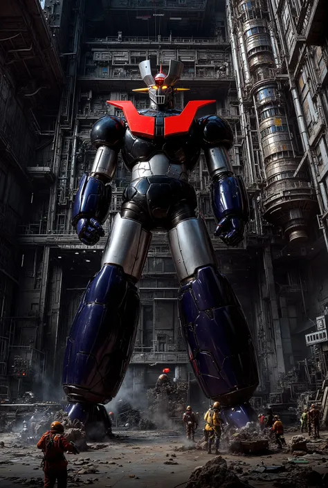Towering over 、 The hero Mazinger Z is 100 meters tall 、 inside a huge structure that rises over 100 meters in a forward leaning position、 realistic shadows are emphasized , towering 100 meters ahead . stands around a nuclear reactor ...