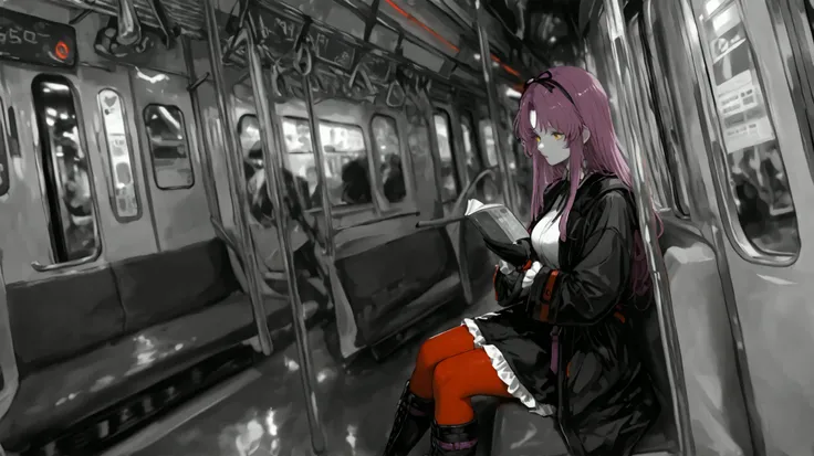 masterpiece, high quality, ultra-detailed, 1 girl, subway interior scene, monochromatic grayscale, selective color emphasis, red subway map lines and route indicators in color, sitting pose on subway seat, paperback book in hands, absorbed in reading, busi...
