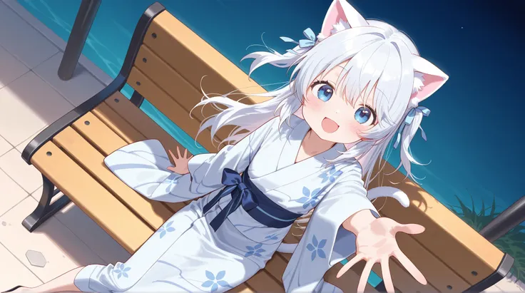 (masterpiece)、(Highest Quality)、 (very detailed)、 8k、 32K、 high resolution、Very detail CG、超high resolution、　1Girl、  Little Girl 、 is small、 cute 、 long gray hair 、 Cat ears  、 long two-side tail  、 smile、Open Mouth、 Blue eyes sitting on a bench、light blue ...