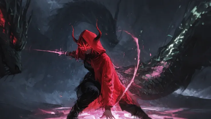 fantastic scene, depicting an anime character in a dynamic pose, dressed in a bright red cloak with a hood and thin black horns, sticking out from under the hood. The character's young face is partially hidden by the shadow, radiating mystery. Black pants ...