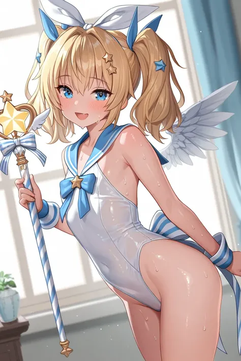 masterpiece, (((( Highest Quality )))), Puella Magi Happily Shakes Tekki（stars and hearts、Magical Stick with Wings）、1girl（shiny skin,,Alice in Wonderland Sailor Costume（The head and body are big、cute、Blonde、hair ornaments、Twin Tails Blue Ribbons、summer suit sailor suit、White and light blue base、Flat Chest、dance、Holding a Walking Stick with Both Hands、）、Room、Sweat Is Scattering、8k、bright atmosphere、