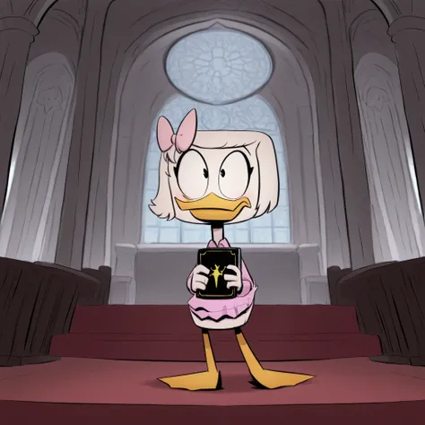 masterpiece, best quality, Webby_Vanderquack, zooanthropomorphic duck, joyful expression, sorriso, olhos brilhantes, animado, estilo cartoon, cores vibrantes, detalhado, 8k, high resolution, wearing a yellow t-shirt with a print, (Brazilian_flag), and a pu...