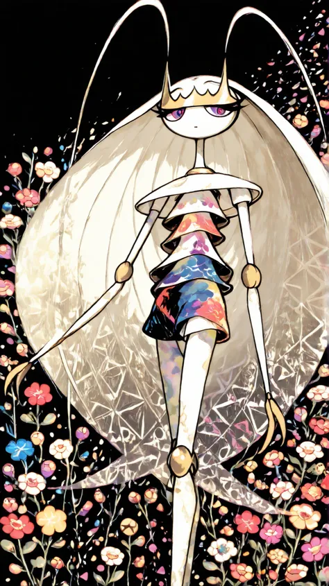 (in style of Takashi Murakami:1.0), beatiful face, feet,best quality,tonemapping, sharp focus, hyper detailed,(pheromosa),best quality,beautiful,pokemon,(2 fingers),(Clear eyes),solo,detaileds,8K,(slender:1.3),wallpaper,jumping kick,(Colorful flowers on bl...