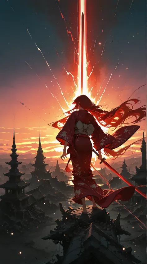 (masterpieces:1.2), (best quality), animation style, Female tests, red kimono, long hair, In the air, swing downwards and slay, a huge red sword, split the sky, energy burst, Dramatic lighting , Dynamic Pose, Ruined City, Broken Temple, Sunset Sky, Cinemat...