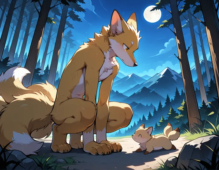 furry, two person, shadow, male skinny nine-tailed fox, nine tails, round eyes, naked, mountain forest, neck tuff, cute, claws, handsome, night, dark, perfect, detailed, perfect body type, high resolution, anatomically accurate, detailed eyes, Best quality...