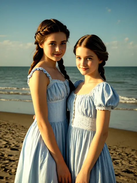 Masterpiece, Realistic, full body portrait Photos of 2girls, both are stunning beautiful 14 year old Victorian girls, (english girl:1.3), in old Victorian swim dress, braided  brown hair, delicate body, blue eyes, bosom body, subtle backlit by diffused sof...