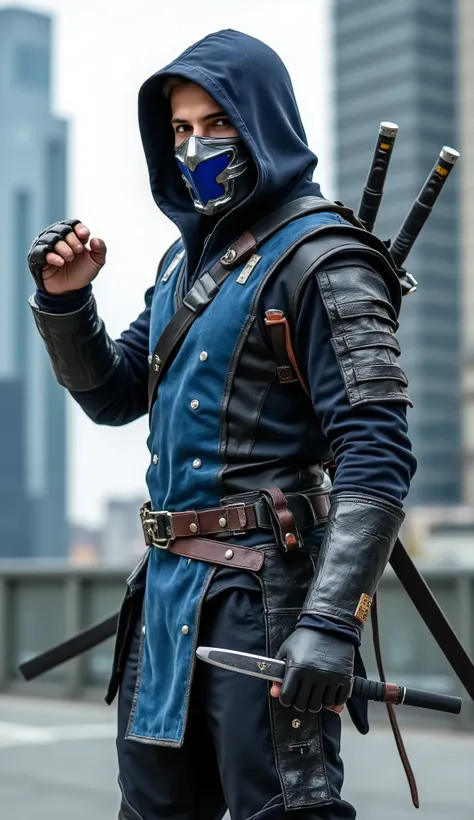 Rowan Atkinson as Sub-Zero from Mortal Kombat, wearing a dark blue and black armored ninja outfit with leather straps and buckles, hood covering his head, glowing icy blue eyes, metallic mask with blue highlights, carrying twin swords on his back, posing w...