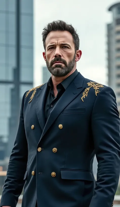 Ben AFFLECK in dark blue suit with tribal details on the gold tone, fundo futuristic city background with tall glass buildings, realistic cosplay photography style, ultra detailed.