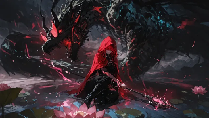 A fantastic scene depicting an anime character in a dynamic pose, , decorated with a bright red hooded cloak and thin black horns, sticking out of the hood. The character's young face is partially hidden by the shadow of the, , radiating mysterious air. Bl...